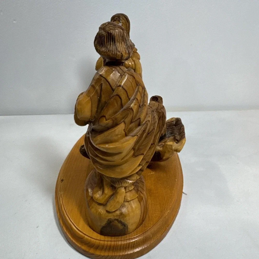Hand Carved Olive Wood Nativity Scene Holy Family Manger Set on Wooden Base